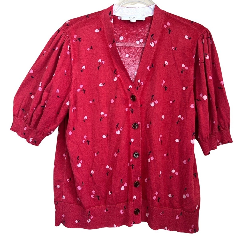 LOFT Size XL Red Cherry Short Puff twee Cotton Cardigan Coquette Conversational